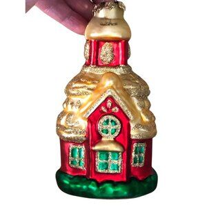 Vintage Chapel Steeple Church Christmas Ornament German Blown Glass Glitter 6"